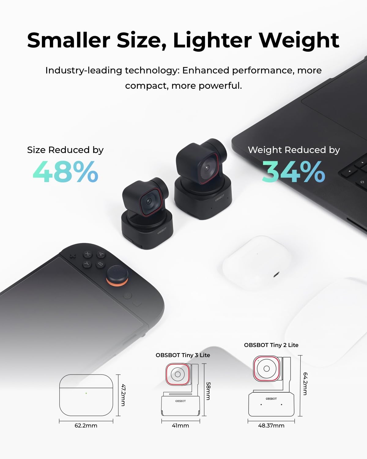 OBSBOT Tiny 3 Lite 4K AI PTZ Webcam with Spatial Audio, Tri-Mic