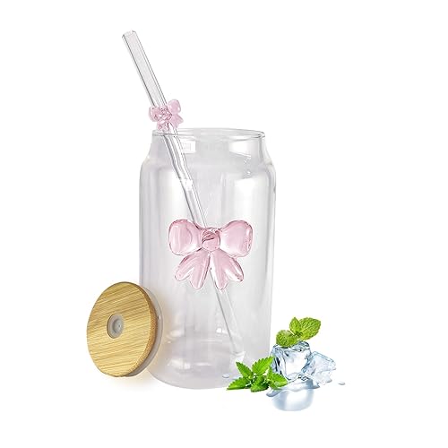HILOLOA Aesthetic 3D Pink Bow Glass Cup with Bamboo Lid & Straw,16oz Cute Glass Cups with Lids and Straws,Bow Tumbler for Iced Coffee/Matcha, with１Cleaning Brush, Girly Stuff/Birthday Glassware Gift - Pink - 16oz