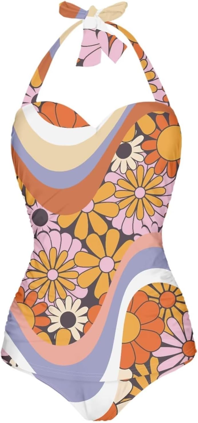 Women One-Piece Swimsuit Halter Backless Ruched Tummy Control Bathing Suits for Holiday