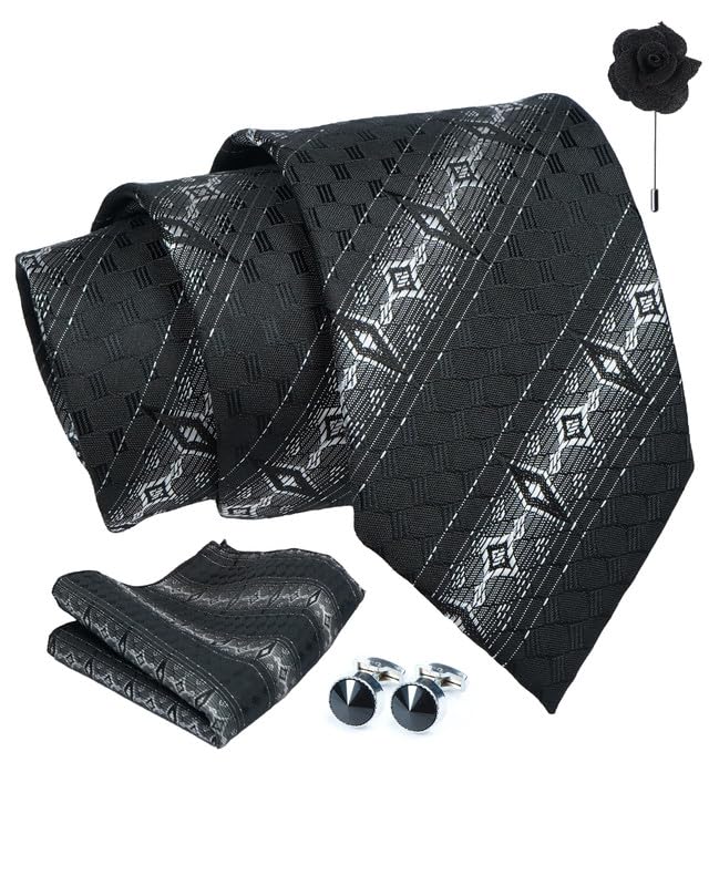 Image of Axlon Tie for Men - Striped Silk Neck Ties Set with Cufflinks Flower Pin, Pocket Square & Black Gift Box, Combo Necktie Sets for Office Wear, Formal Suits & Weddings (0, st3pn)