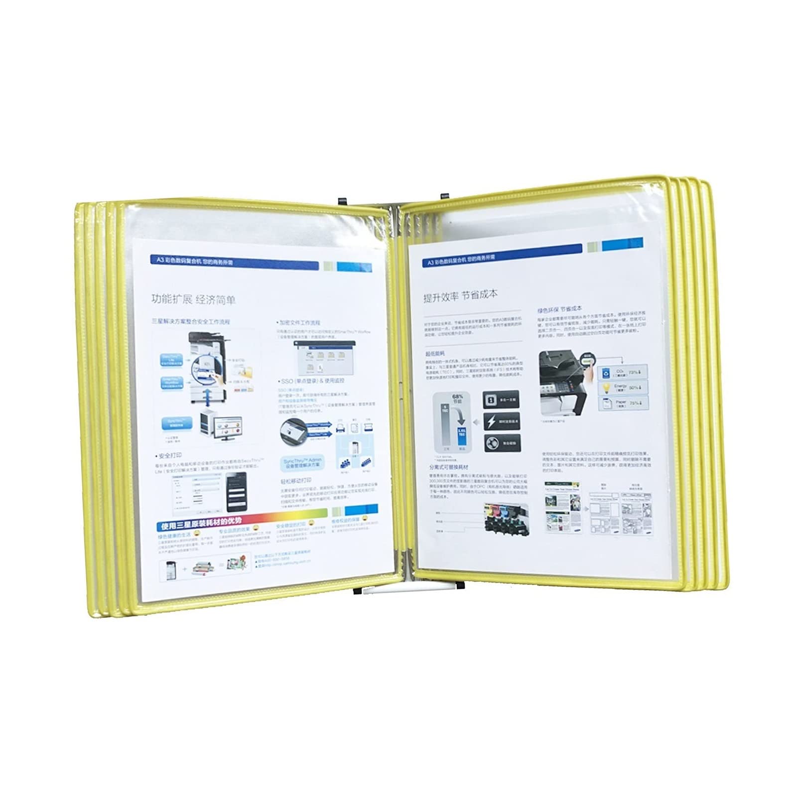 SnamicE Wall Mount Catalog Display Rack - Wall Mount Reference and Display System, 10 Double-Sided Panels Wall-Mounted Page Flip Folder, A4 Loose-Leaf Transparent Page Display,Yellow