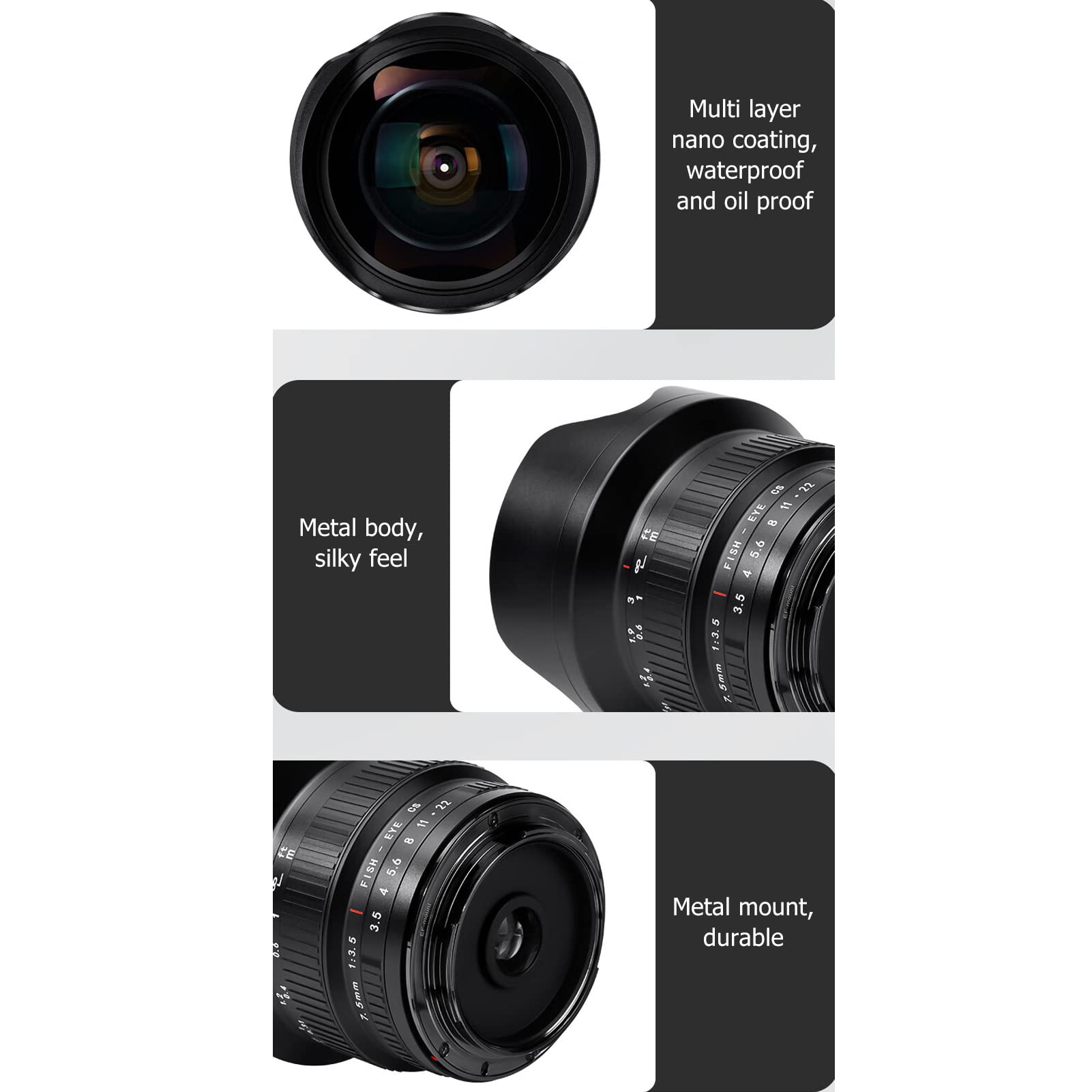 Obiettivo per Fotocamera DSLR F3.5 da 7,5 Mm, Sostituzione Dell'obiettivo Fisheye per Fotocamera in Vetro Ottico Ultra Grandangolare per 80D 77D