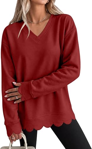 Scalloped Sweatshirt V Neck Pullover Long Sleeve Tunic Tops 
