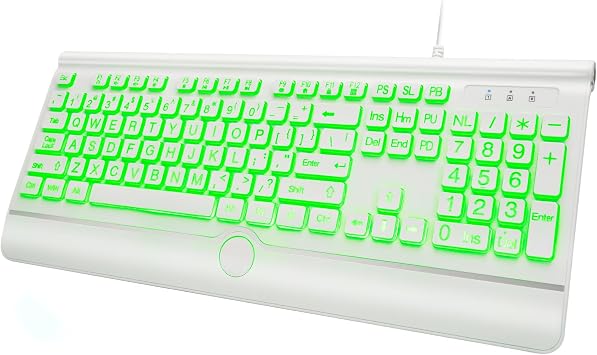 KOPJIPPOM Large Printed Backlit Computer Keyboard USB Full Size Wired Keyboard with 7 Colors Backlit Wrist Rest Light Up Keyboard for Windows/PC/Laptop - Easy to Read and Set Up