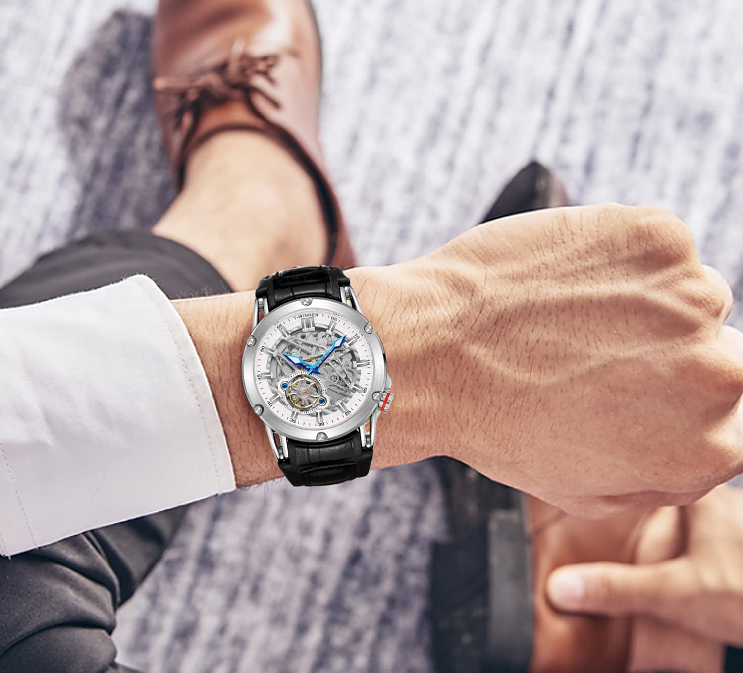 FORSINING Wasserdichte automatische Herrenuhr mit großem Zifferblatt, leistungsstark, exotische Tourbillion-Skelett-Uhr