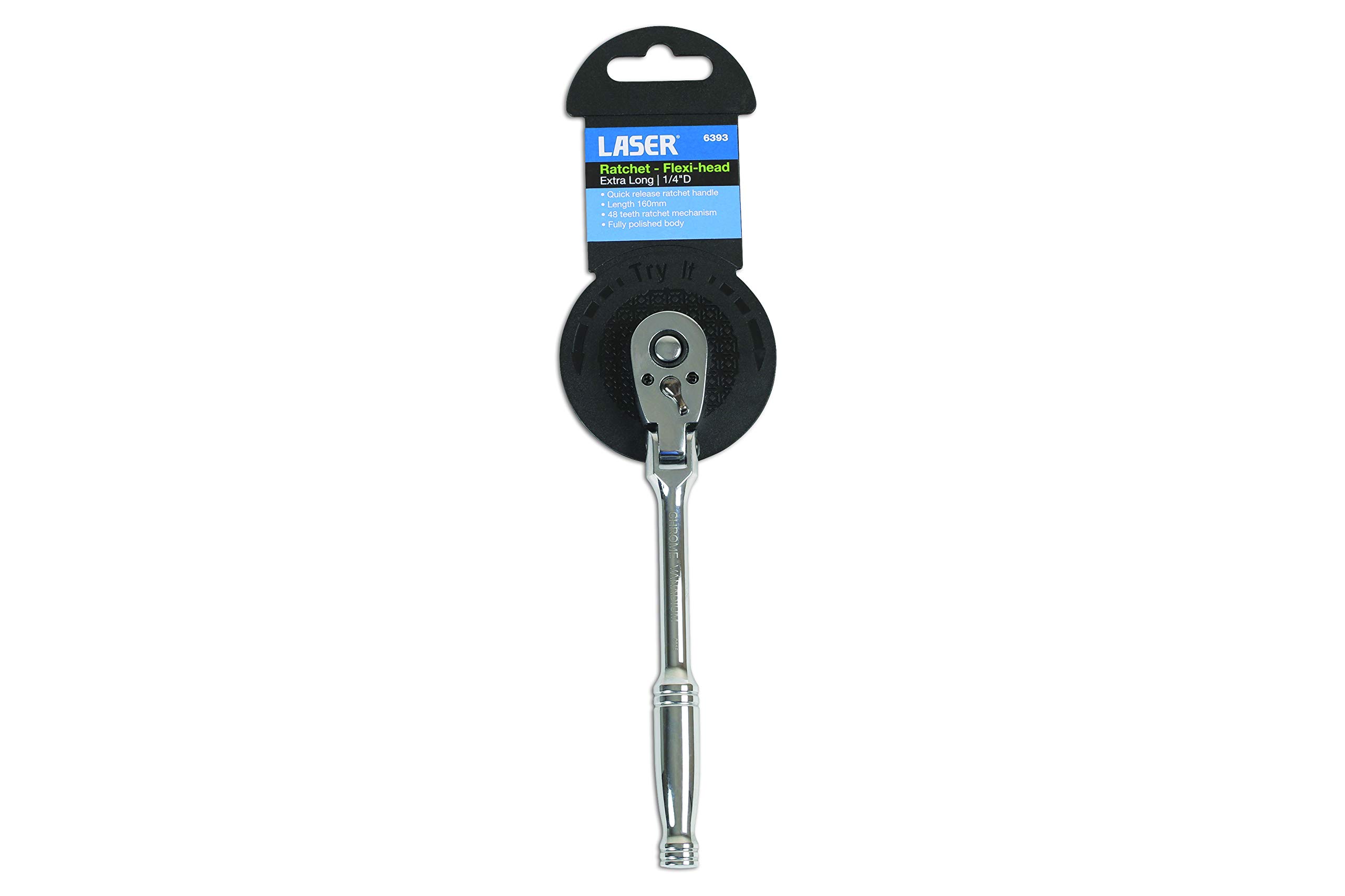 Laser 6393 Ratsche Extra Lang Mit Flex-Kopf, 1/4 Zoll Antrieb – 160 Mm Hebellänge, 48 Zähne, Verchromt