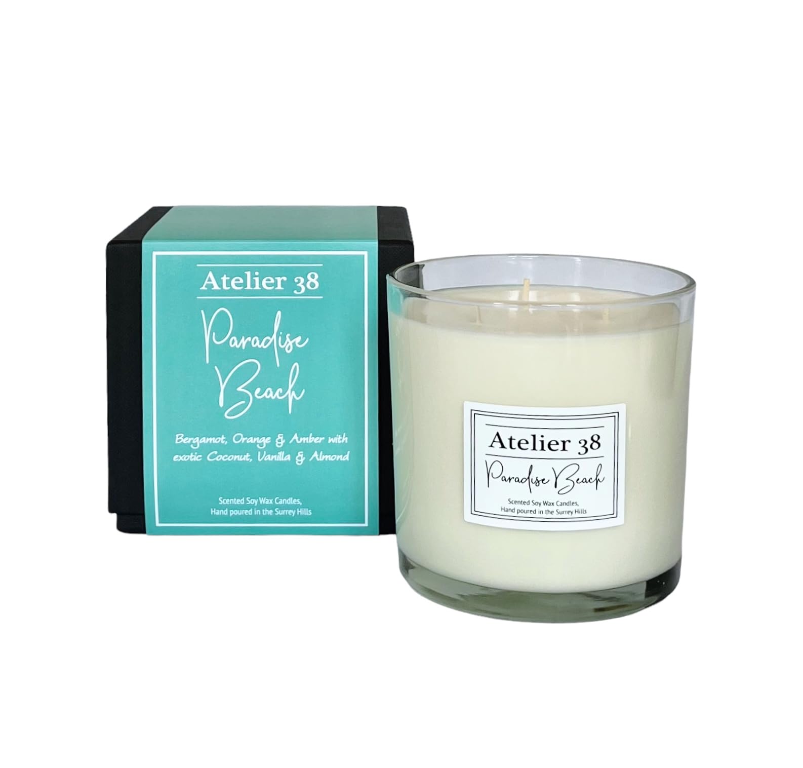 Atelier 38 Paradise Beach 3 Wick Scented Candle 700g - Luxury Soy Candle, Up to 70 Hour Burn Time, Large Candle Home Fragrance, Long Burning Candle, Housewarming Gift, Made in Surrey Hills