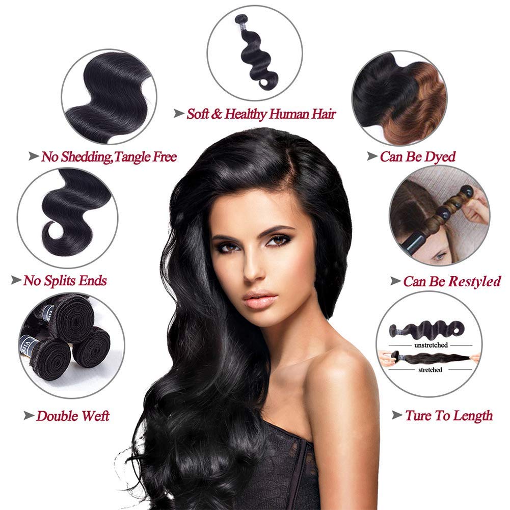 Amella Hair Brazilian Body Wave with Closure (12 14 16 +12Closure) 3 Bundles of Brazilian Hair with Free Part closure 8A Unprocessed Human Hair Weaves Natural Black