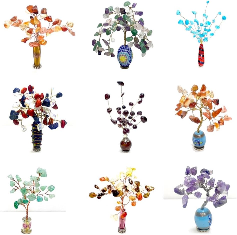 Set of 8 Wire Wrapped Liitle Tree of Lifes DIY Making Kit. Box of 8 Color Gemstones, 3 Spools of 0.3mm/28GA Copper wires, 8pcs Ramdon picked Bases. Mini Tree of Life Creation. (Rose Golden Wire)