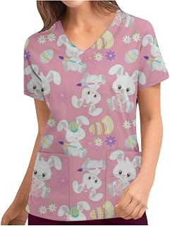 Womens Cartoon Animal Print Scrub Tops Funny Bunny Short Sleeve V Neck Pockets Working Uniform Medical Workwear