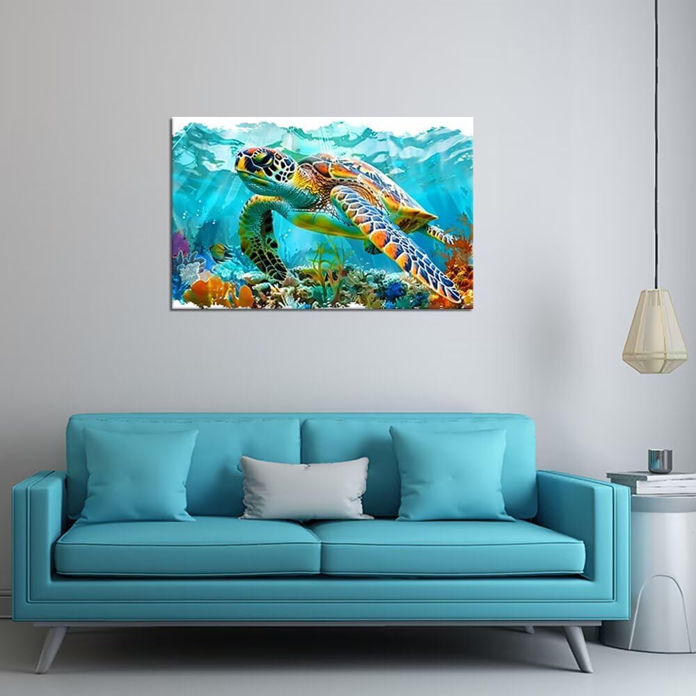 Pankila Sea Turtle Wall Art for Bedroom Ocean Pictures Tropical Fish and Coral in Blue Ocean Canvas Wall Art Underwater World Natural Landscape Home Decor Framed Artwork (24''H x 36''W)