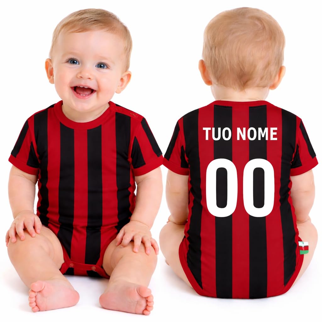 PELUSCIAMO Body Neonato Calcio Bianco Nero Rosso Nero Nero Azzurro | Personalizzato Con Nome e Numero | PS 32764-MIX