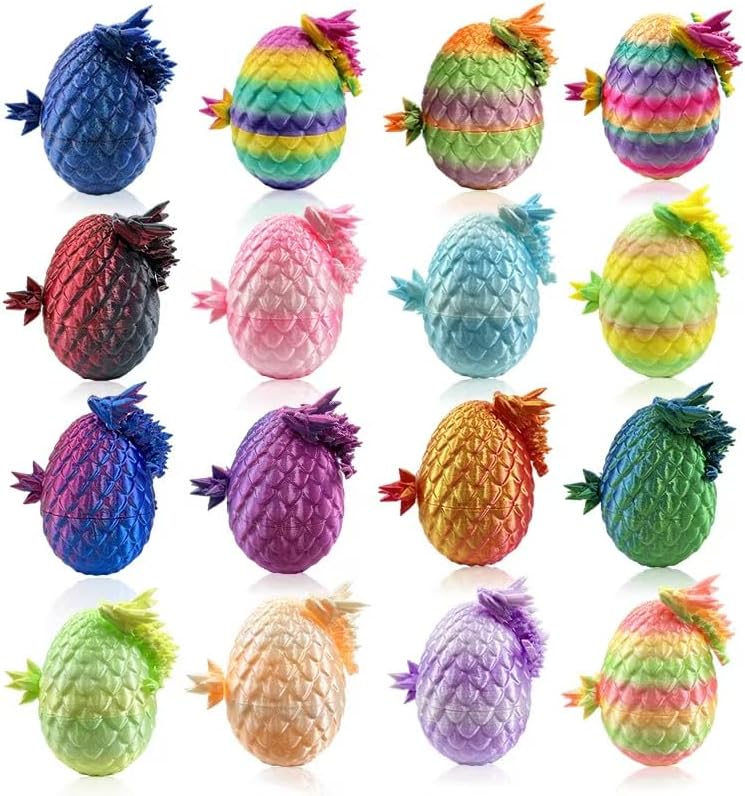 16PCS 3D Printed Dragon Eggs with Mini Dragons Inside, Articulated Crystal Eggs Set, Cool Desk Decor Gifts for Kids Teens Adults, Fantasy Collectibles Easter Basket