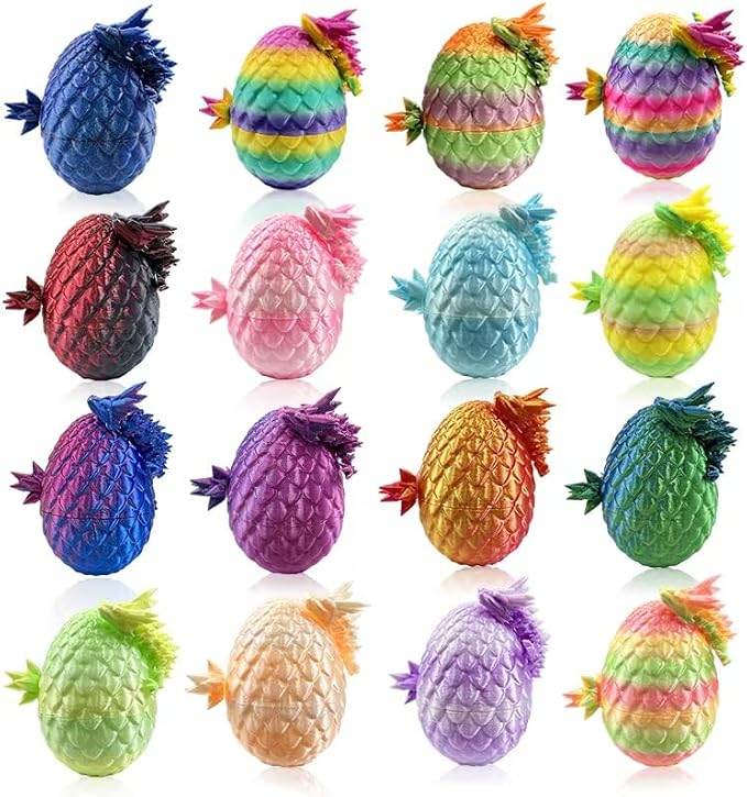 16PCS 3D Printed Dragon Eggs with Mini Dragons Inside, Articulated Crystal Eggs Set, Cool Desk Decor Gifts for Kids Teens Adults, Fantasy Collectibles Easter Basket