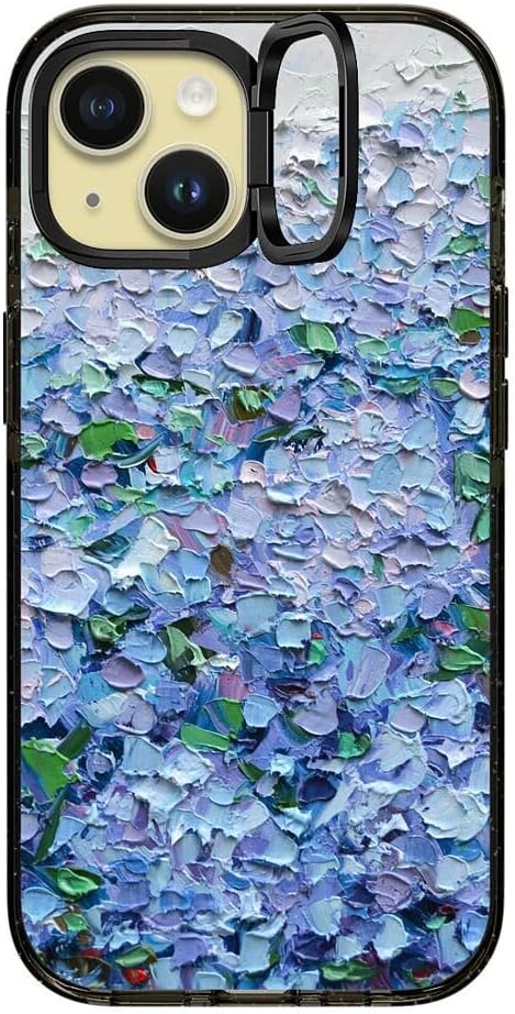 CASETiFY Impact Ring Stand Case for iPhone 15 [3X Military Grade Drop Tested / 6.6ft Drop Protection/Compatible with Magsafe] - Nantucket Blue Hydrangeas - Clear Black