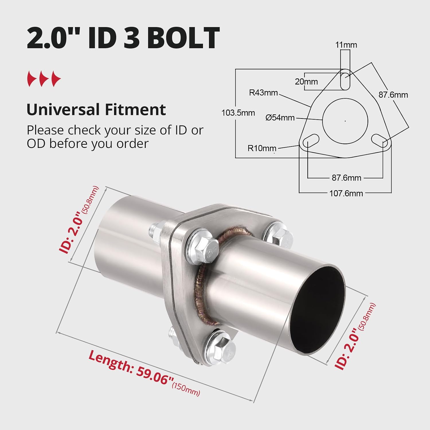 EVIL ENERGY 3 Bolt Exhaust Flange Repair Piping Kit, 304 Stainless Steel Exhaust Flange and Gasket Set with Bolts and Nuts, Universal Flange Replacement Kit for Quick Fix Repair (2")