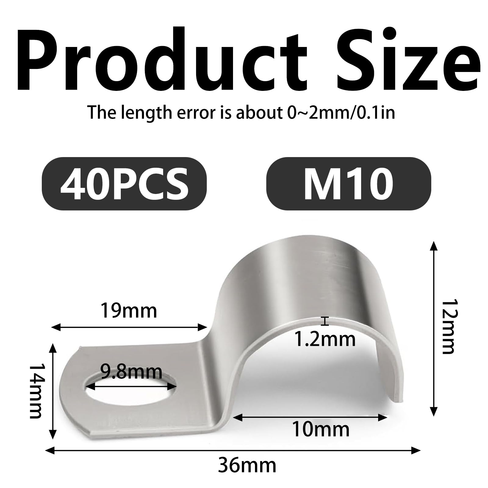 40 x metalowe obejmy kablowe, metalowe obejmy do rur, M10 V2A stal nierdzewna 304, mocowanie rury, klamra do węża, pojedynczy otwór, uchwyt rurowy, półobejma mocująca, mocowanie kabla do kabli Ø 9-10