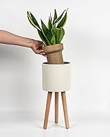 Bamworld Modern White Plant Stand with Wooden Legs - Single Indoor Metal Flower Pot Holder for Living Room Office Bedroom Decor