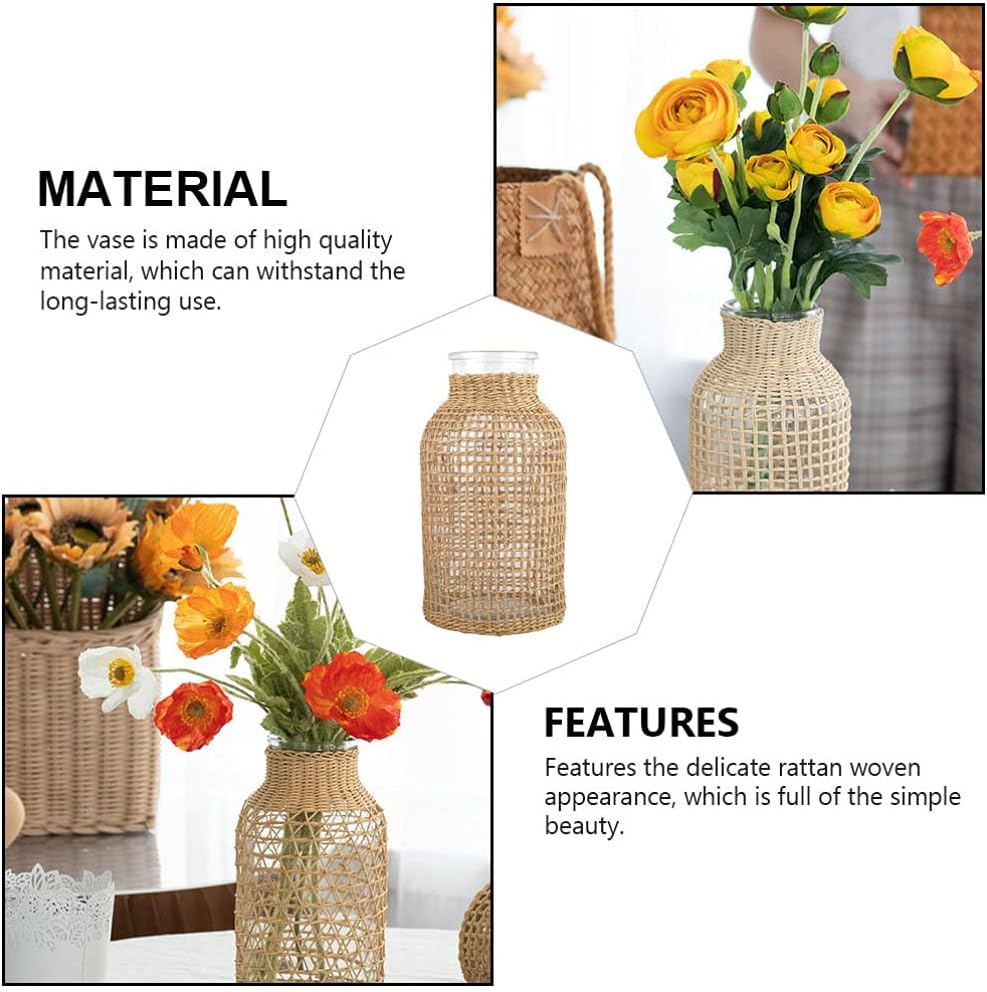 DOITOOL Rattan Vase Boho Woven Glass Vase, Country Rustic Style Wicker Floral Container, Farmhouse Flower Bottle for Floral Arrangements Housewarming Wedding Party Decoration (S+L)