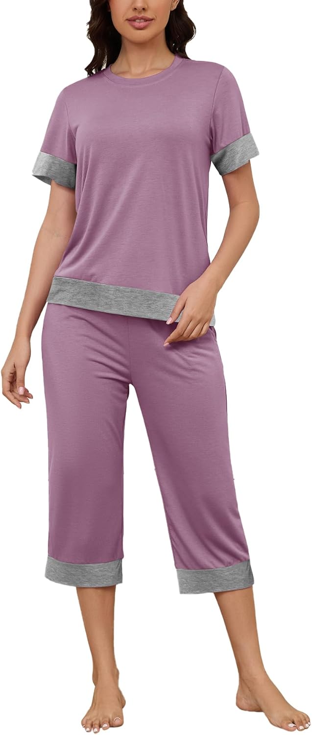 HONG HUI Women's Pajama Set Sleepwear Tops with Capri Pants Casual and Fun Prints Pajama Sets