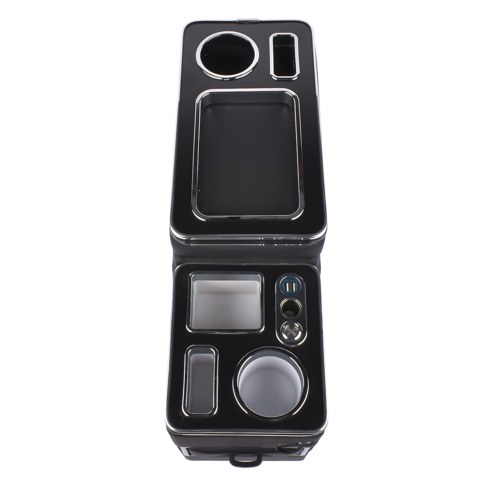 Caja de almacenamiento para la consola central con soporte para teléfono bebidas, puerto USB, encendedor de cigarrillos, luz LED, compatible con Sie-nta Transporter T5 T6
