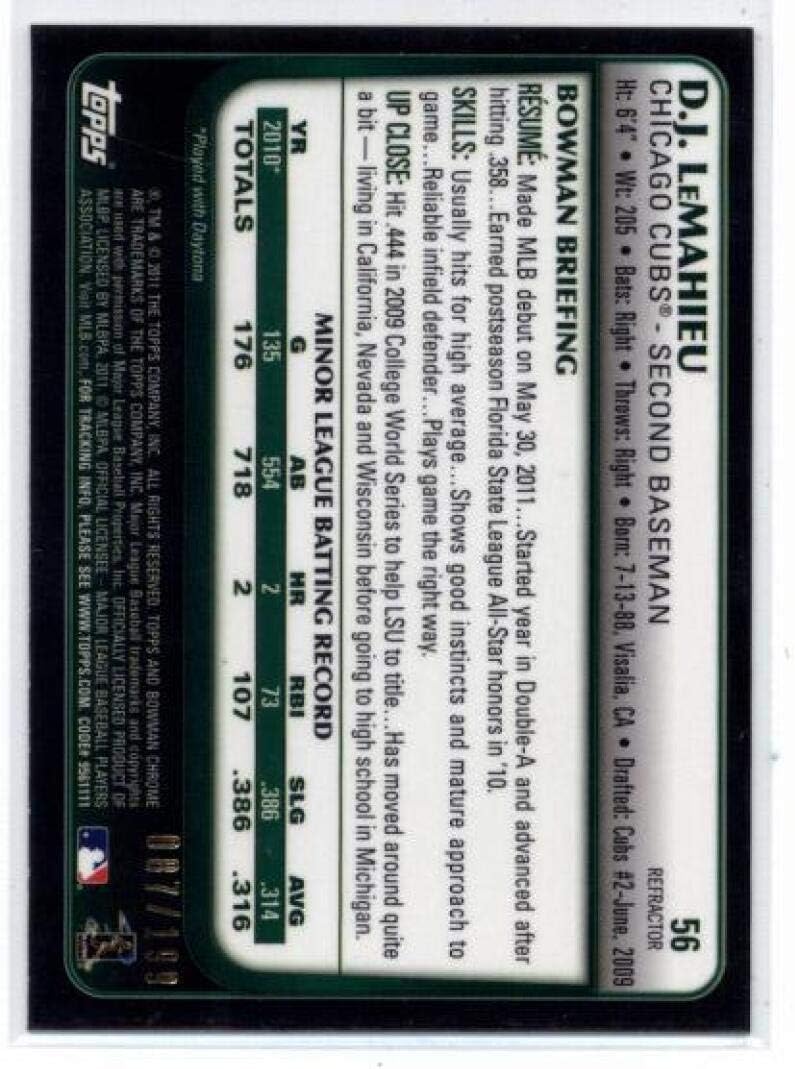 2011 Bowman Draft Chrome Blue Refractors #56 D.J. Le Mahieu RC - Chicago Cubs MLB Baseball Card (RC - Rookie Card) /199 NM-MT