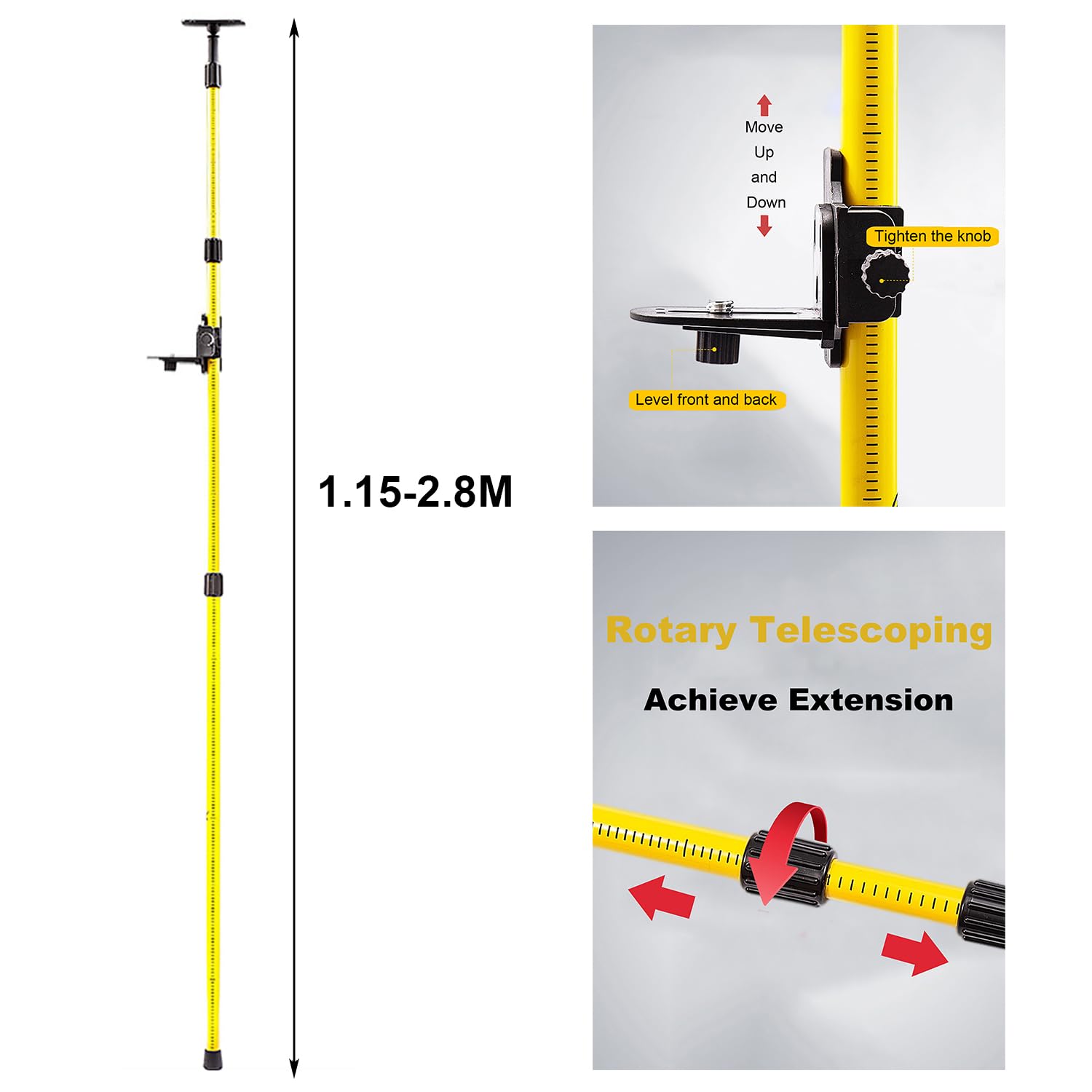 Trípode para Nivel Laser, Poste Telescópico de Nivelación,115-280 cm Ajustable, Soporte Extensible de Elevación de Rosca de 5/8"-1/4" Pulgadas para Láseres Rotativos y de Línea