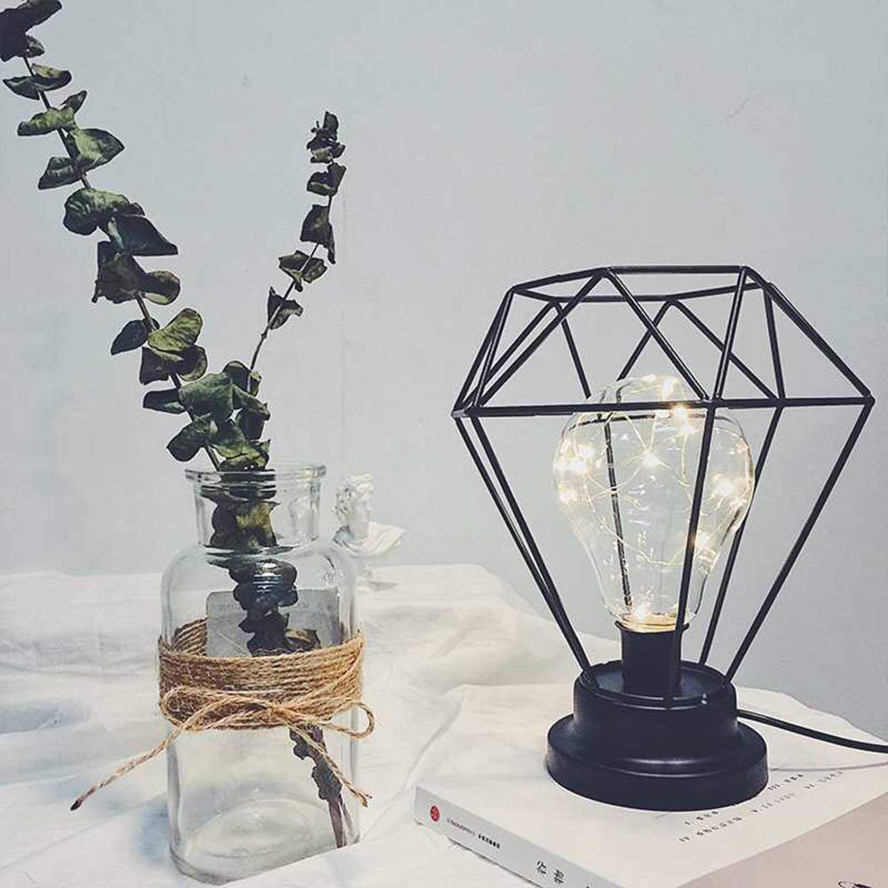 Mengjay Trade Lámpara de mesa moderna de metal negro estilo jaula, Lámpara de escritorio de alambre de hierro de estilo nórdico, Luz nocturna con iluminación decorativa para dormitorio (B)