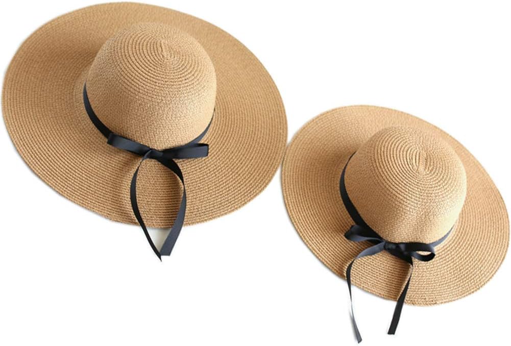 2 PCS Parent-Child Straw Hat Wide Brim Bowknot Cap Beach Sun Hat for Girls Women