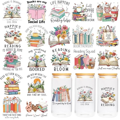 UV DTF Cup Wraps Stickers - 20 Sheet Booklover UV DTF Transfer Sticker, Book UVDTF Cup Wraps for 16 oz, Booklover Quotes Design, Creative DIY Crafts for Water Bottle