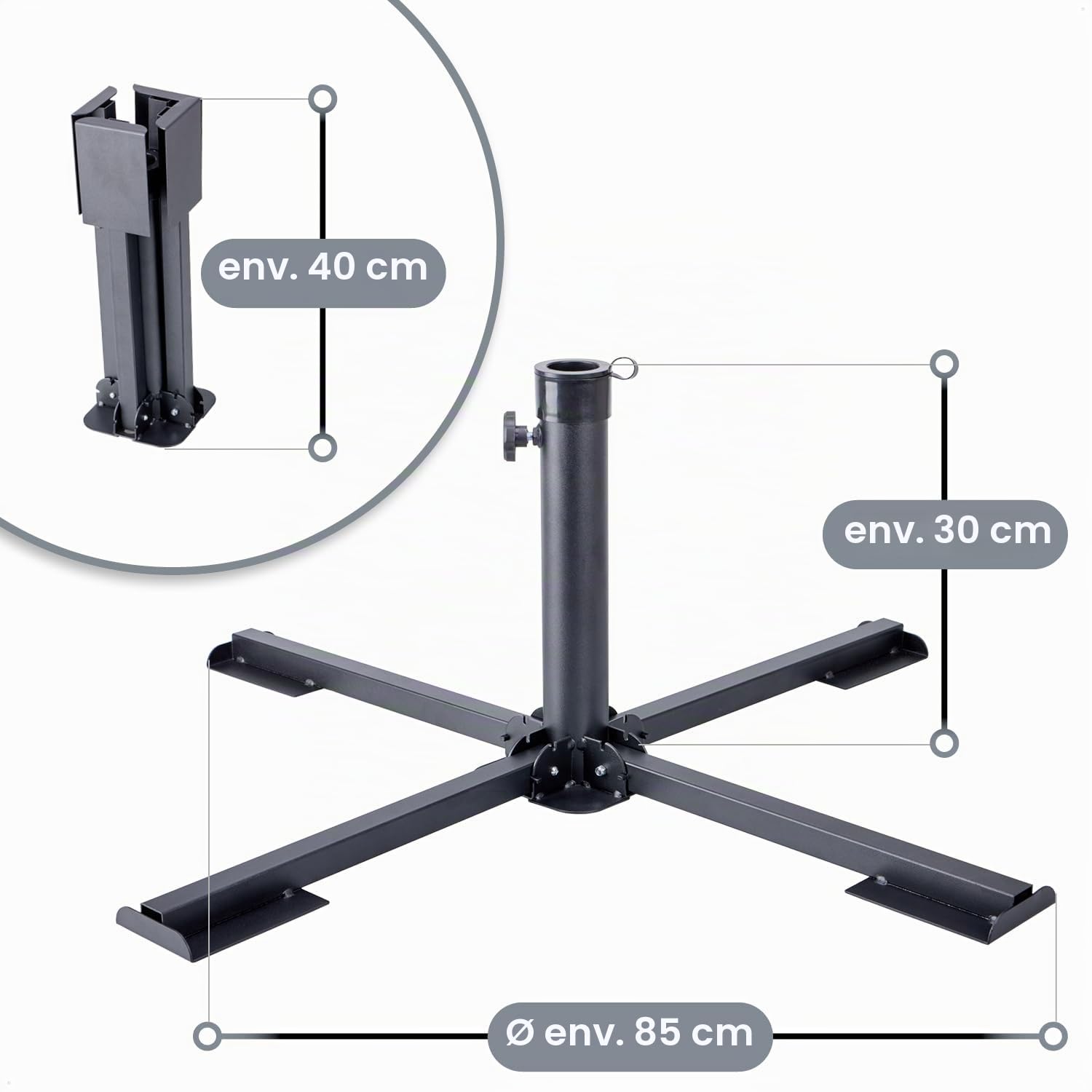 com-four® Pied de Parasol Pliable en Acier pour parasols | Support de parasol en acier thermolaqué pour jardin, terrasse et balcon, adapté à différents mâts et tubes