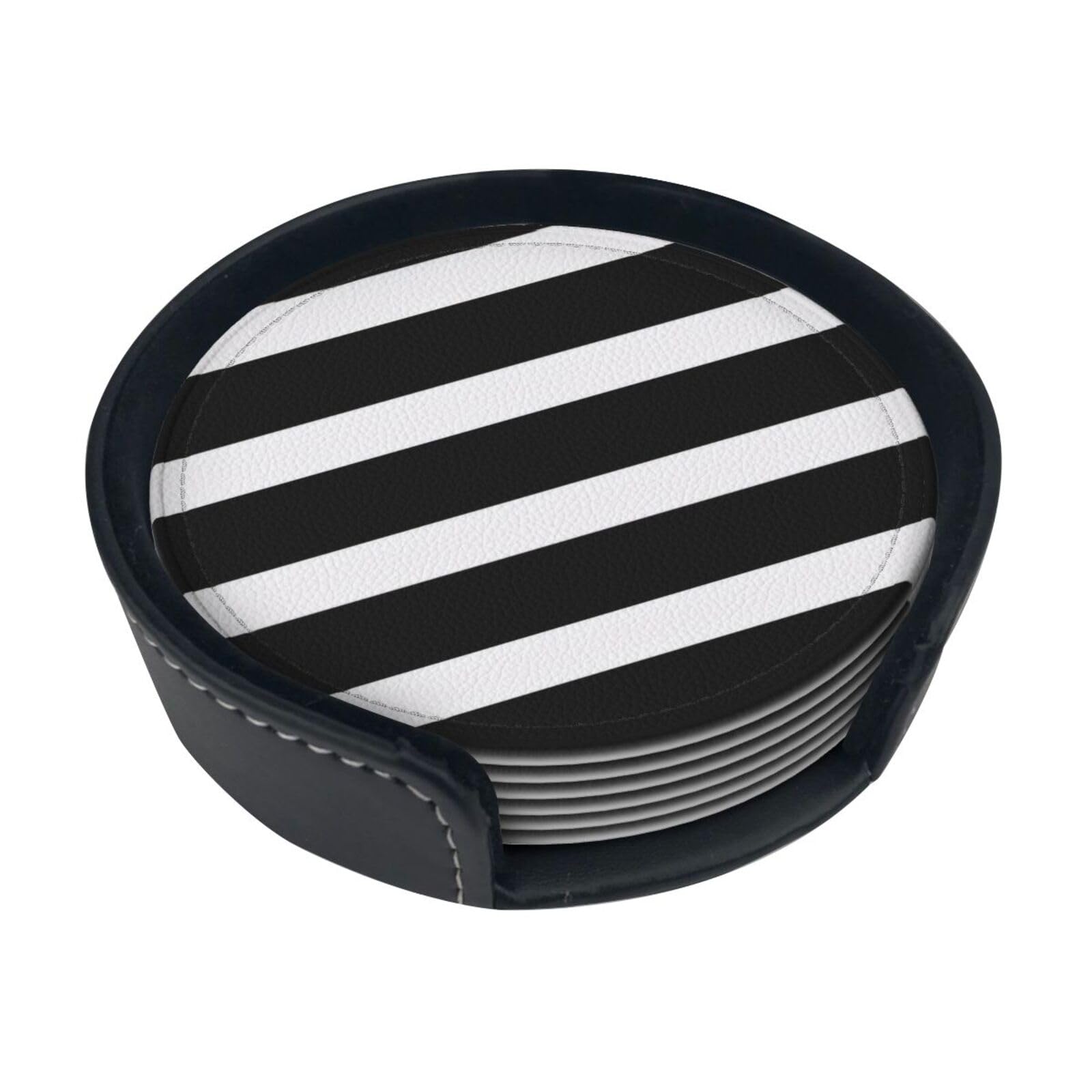 Ykclkshka White Stripes Black Round Leather Coasters (6 Pieces) - Drink Coaster Set For Desk, Modern Easy To Clean Home Office & Farmhouse Coasters