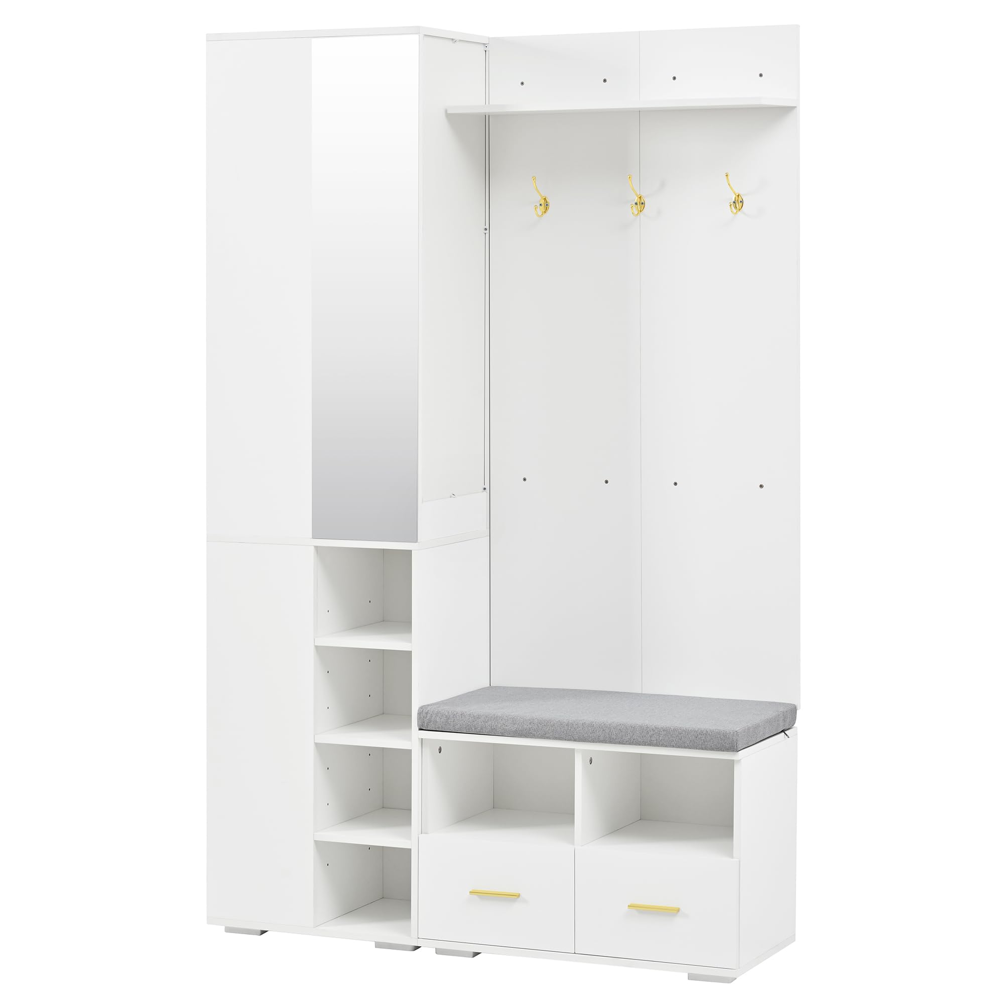 Juego de Perchero Pared con Espejo y 2 Cajones, Mueble Recibidor con Barra de Ropa y Estante Abierto, Conjunto de Perchero Entrada Recibidor, Banco y Dispositivo Antivuelco, 120x35x190 cm,Blanco