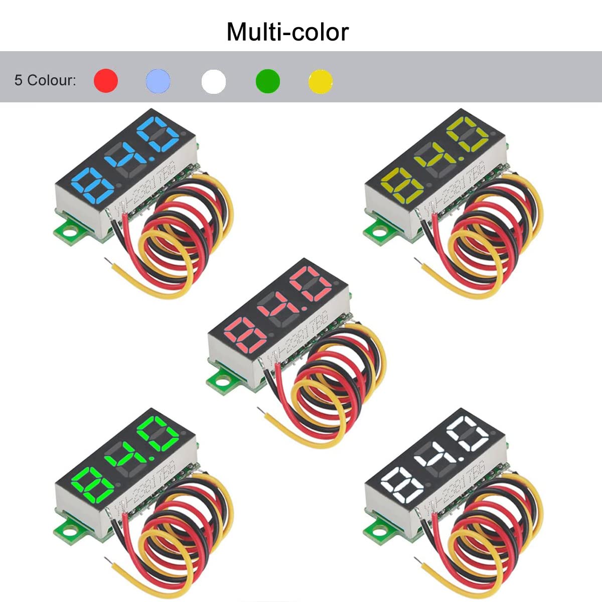Greluma 5 piezas Mini voltímetro digital de DC de 0.28 ", medidor de voltaje del voltímetro mini de DC de tres hilos 0V-100V - 5 colores