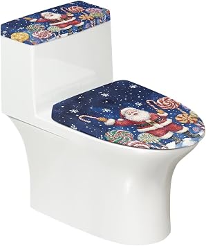 Christmas Toilet Seat Lid Cover Santa Claus Toilet Lid Cover and Tank Cover Bathroom Set Candy Cane Soft & Elastic Fits Most Standard Round Elongated Oblong Lids