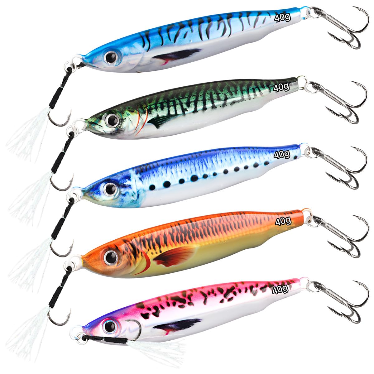 Przynęty wędkarskie z nadrukiem 3D, WASAGA 5 szt. 20 g/30 g/40g/60g/80 g Twardy metalowy spinner przynęta na słoną i słodką wodę dla Achigan, makreli i przynęty