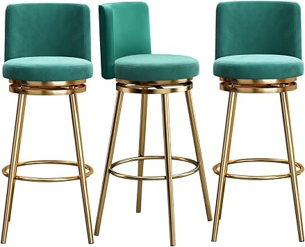 Velvet Bar Stools Set of 3, Modern Counter Height Bar Chairs with High Back Metal Frame, Swivel Breakfast Chair for Kitchen Island, Bar PubGreen,65cm25.6in