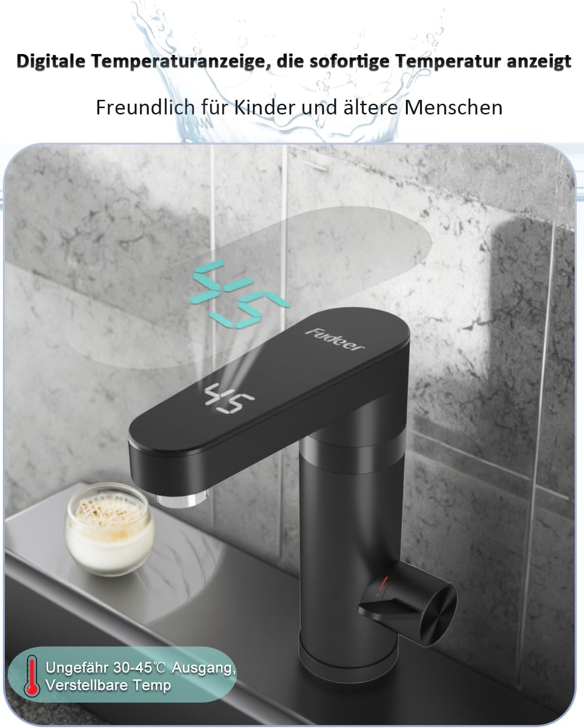 Warmwasserhahn Dlektrisch, Elektrischer Heiß- und Kaltmischer Wasserheizhahn mit digitaler Anzeige, 3300W Wasserhahn mit Durchlauferhitzer Elektrischer Hahn für Waschbecken (Schwarz)