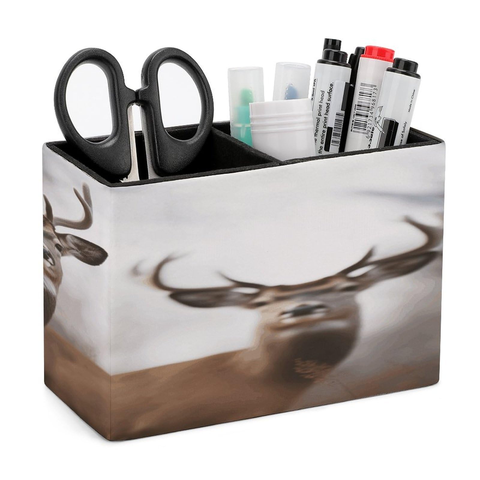 FekiLoot PU Leather Deer Pen Holder for Desk 2 Compartments Desktop Stationary Organizer Rectangle Table Pencil Cup Stand Desktop Stationery Organizer Case for Office Home