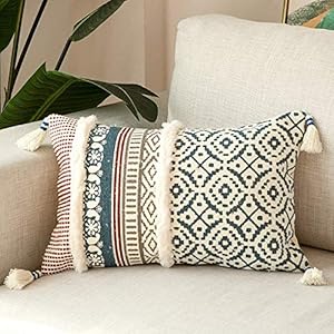 hi-home 1 x Boho cushion cover, decorative cushion covers with tassel, cotton sofa cushion, 30 x 50 cm, cushion cover, decorative cushion cover, boho style for sofa, bedroom, living room (blue)