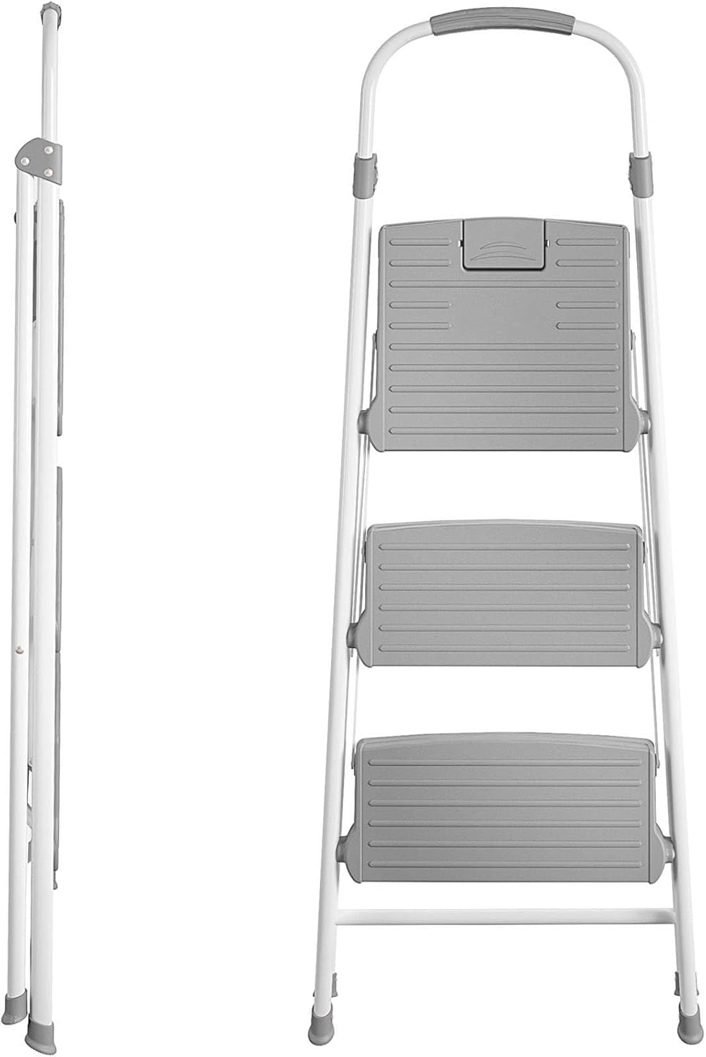 Medium Folding Two-Step Stool, Rubber Handle, White-Gray, 225 lb. Load Capacity