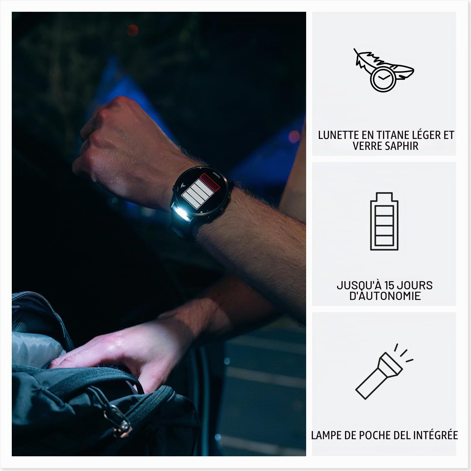 Garmin® Forerunner® 970 Montre Intelligente GPS de Course et de Triathlon avec écran AMOLED, Lampe de Poche LED intégrée, Titane doré Doux avec boîtier Gris français et Bracelet Gris français/Indigo