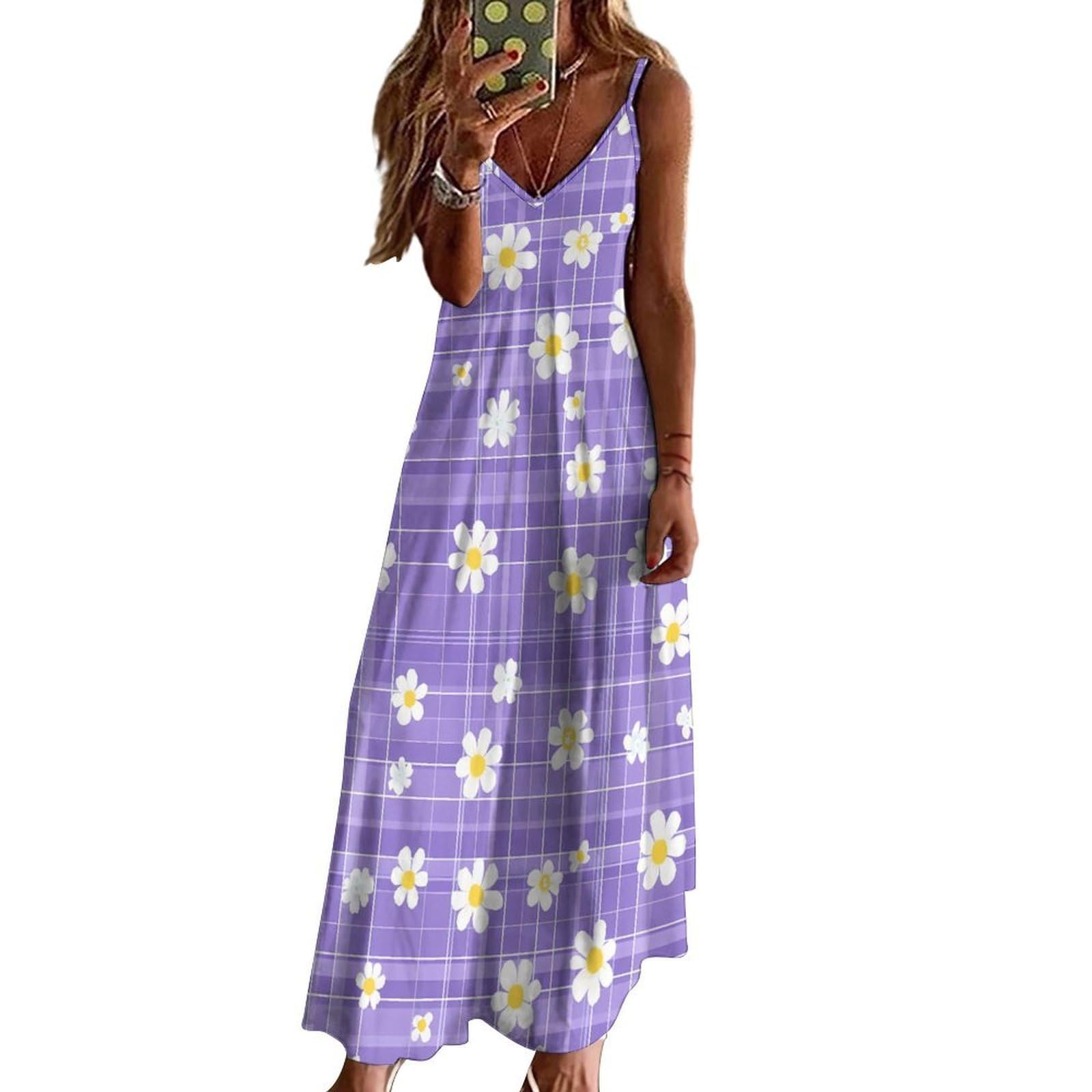 Vestido casual para mujer, con estampado de flores y margaritas, ajustable, largo hasta el tobillo, con volantes, vestido de verano fluido