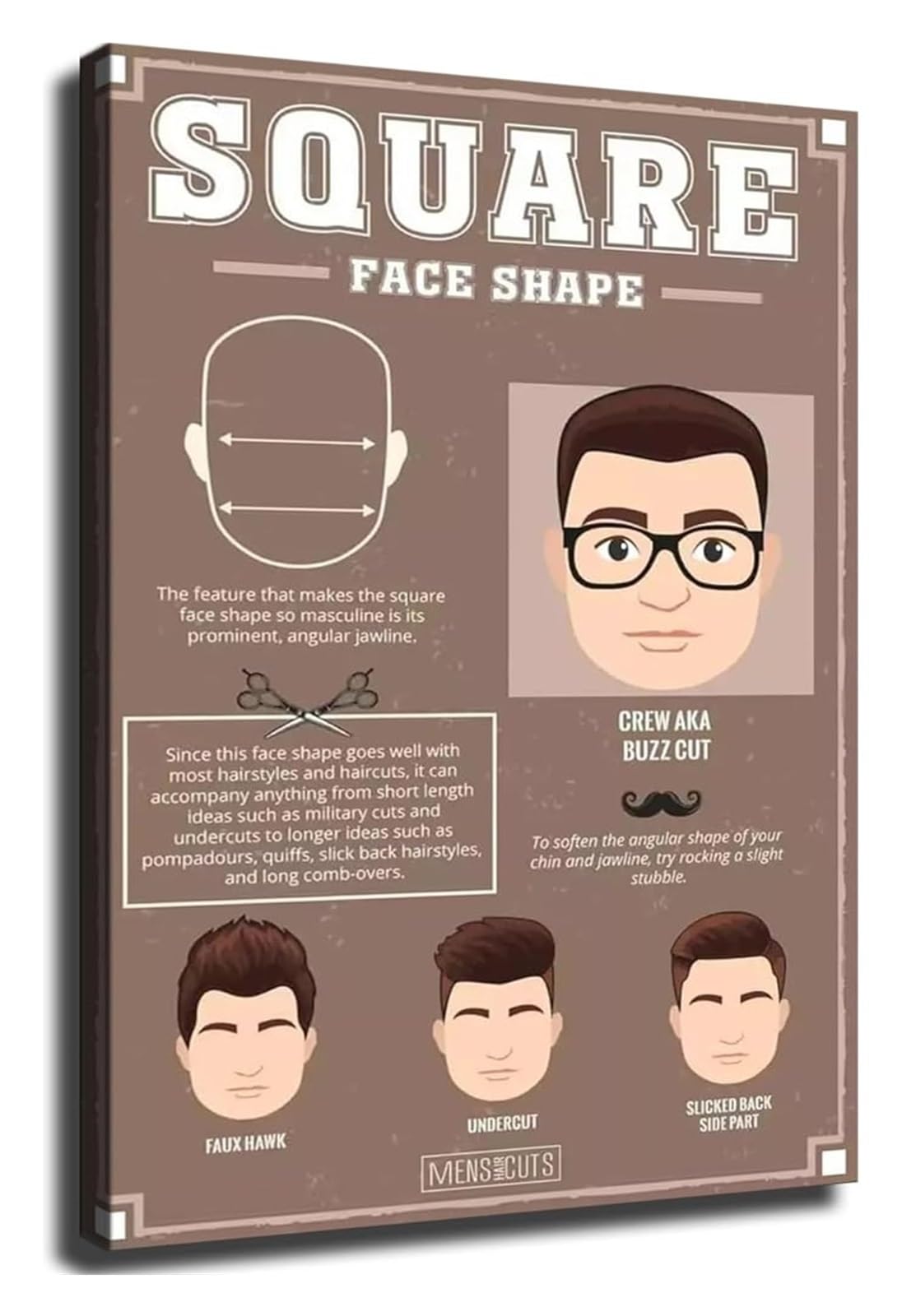 NWPNLXEA Hairstyle Poster for Square Face Men Haircut Wall-Art Salon Decor Unframed,12x18inch(30x45cm)