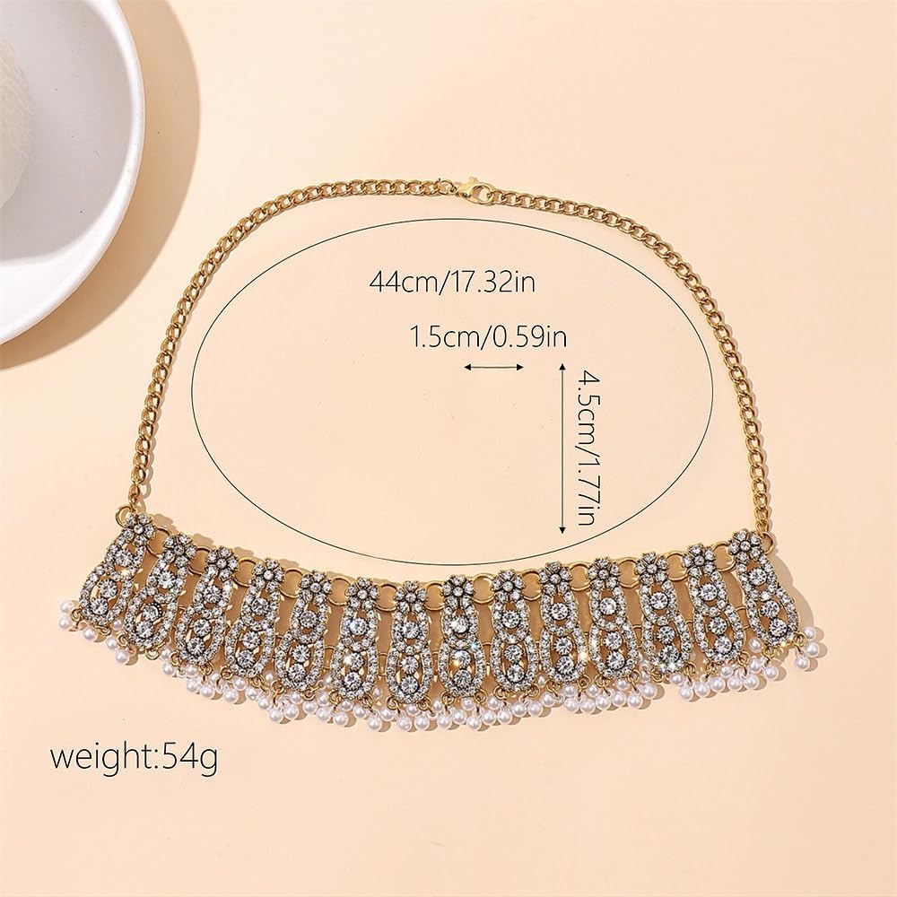 NewZenro CZ Flower Imitation Pearl Beaded Tassel Dangle Drop Stud Earrings Layered Choker Necklace Set for Women Trendy Indian Traditional Fashion Antique Bollywood Jewelry for Wedding Party - Image 2