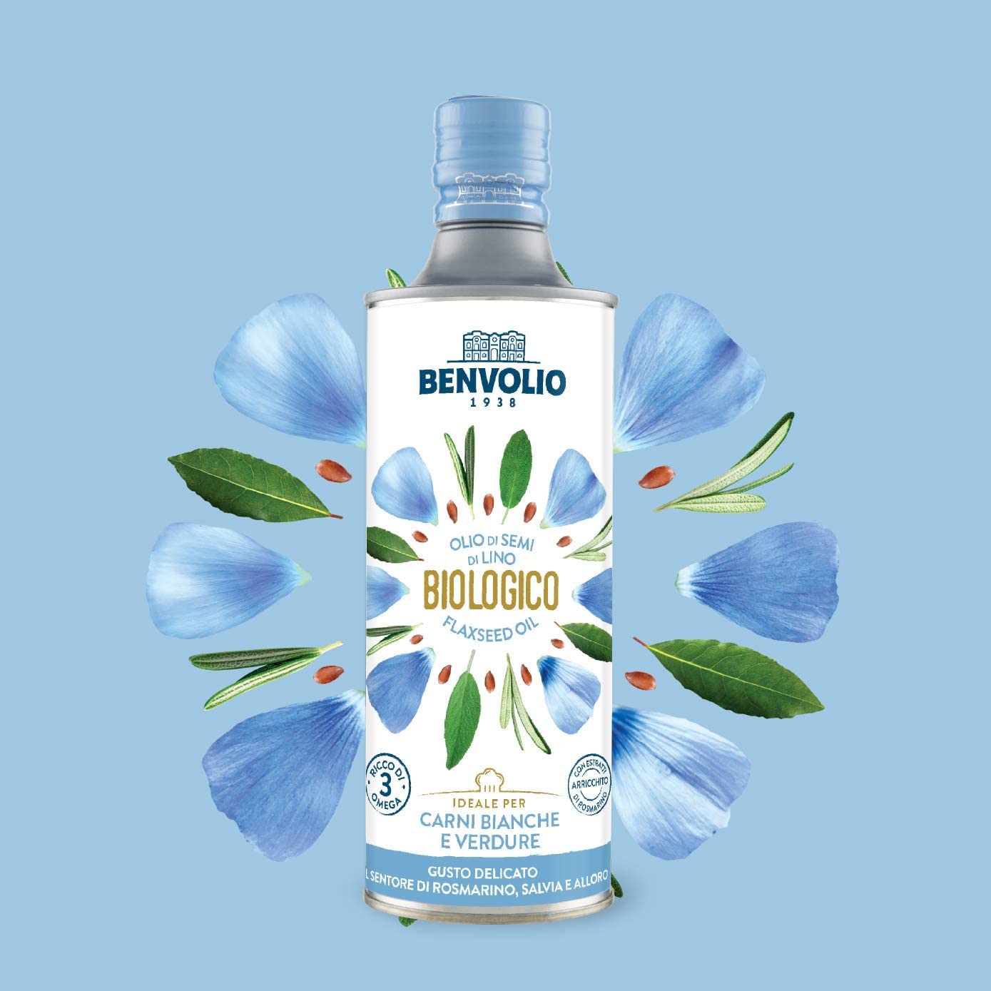 BENVOLIO 1938 Huile de Lin Biologique – 500ml - Riche En Oméga 3 Goût Délicat avec des notes de Romarin – idéal à consommer cru