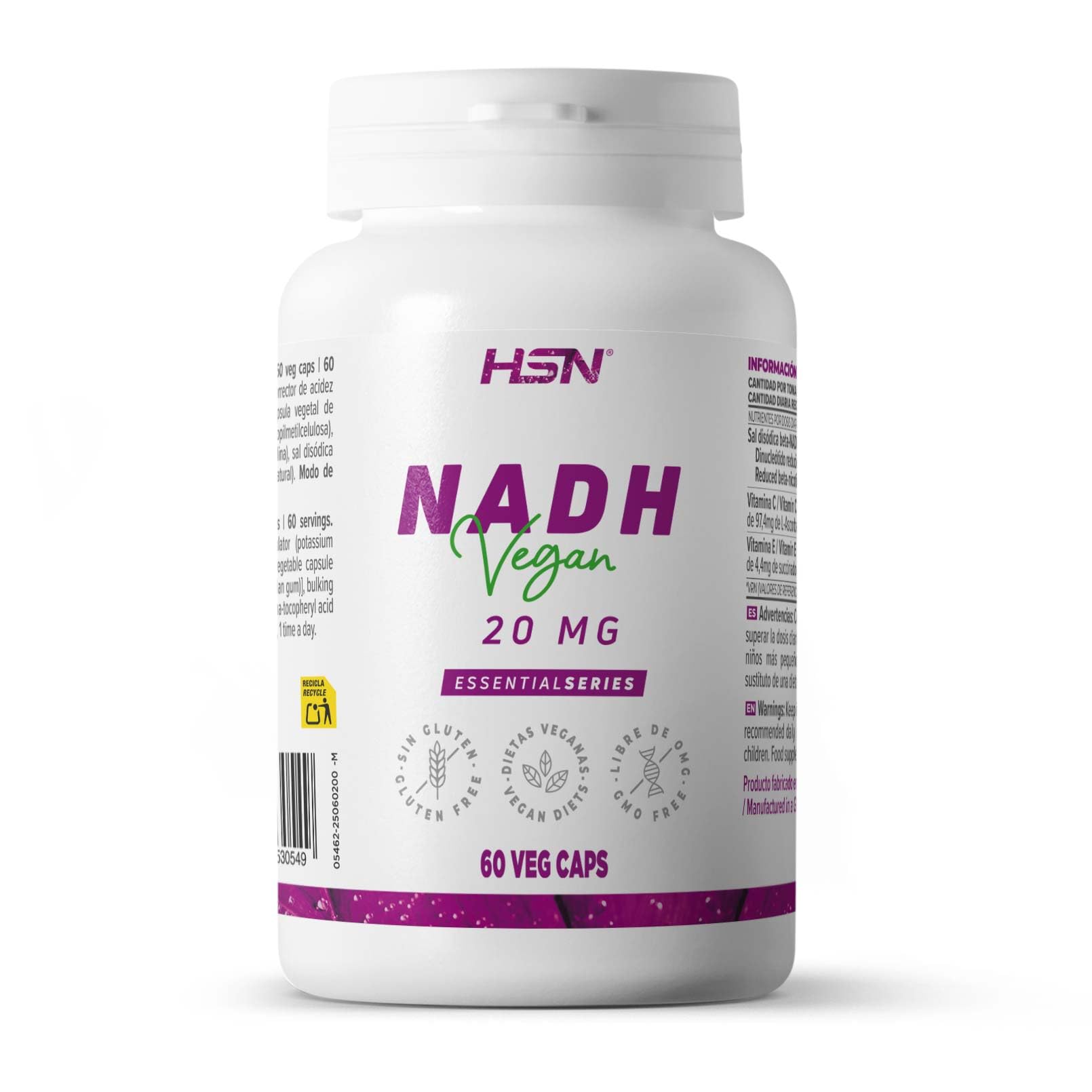 HSN NADH 20mg | 120 Capsule Vegetali a Rilascio Ritardato | Formula Stabile | Protezione dagli acidi gastrici | Con vitamine C ed E antiossidanti | Non OGM, Vegano, Senza Glutine