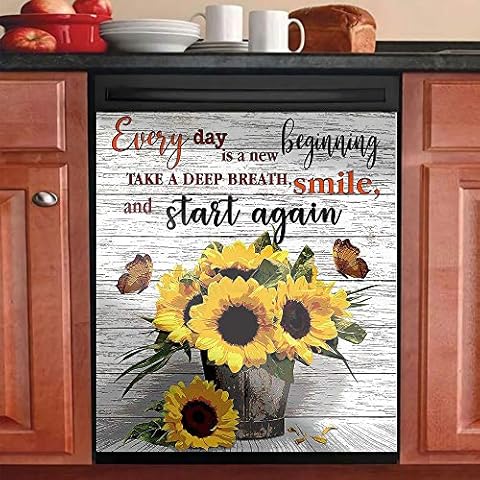 MLGB Dishwasher Magnet Cover Decorative Dishwasher Covers for The Front “Every Day Is A New Beginning" Magnetic Dishwasher Door Cover Sheet Sunflowers Dishwasher Panel Decal Cover for Kitchen Cover
