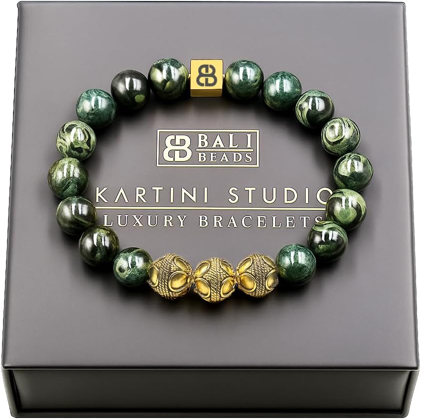 Kartini Studio Men's Jade and Gold Beads Bracelet, Jade Bracelet, Quality Bead Jewelry for Man