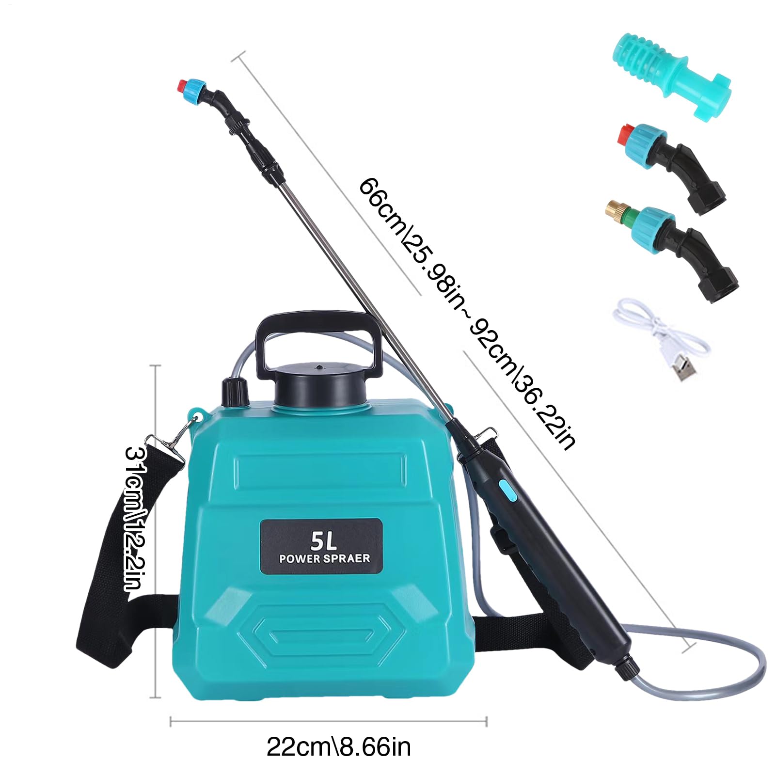 Spruzzatore elettrico da giardino - Spruzzatore portatile per prato | pompa a batteria | Manico ricaricabile USB, capacità serbatoio 5L, 3 pezzi regolabili per, tracolla per piante, cura della